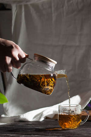 Transparent teapot with hot Koporye tea, traditional Russian drinkの写真素材