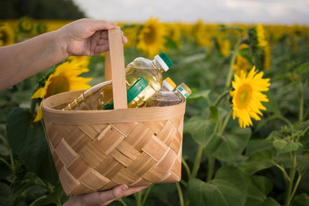 Several bottles of golden sunflower oil in a wicker basket against the background of a field of blooming sunflowers in a sunny copy spaceの写真素材