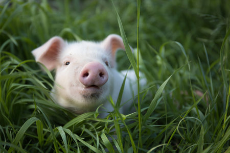 One curious white cute pig walks on the green grass and looks at the camera