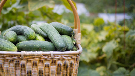 Harvesting - cucumberse grown in an open-air garden on a sunny day in basketの写真素材