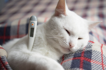 The cat is sick, being treated, measuring the temperature while lying on the sofa at home. High quality photoの写真素材