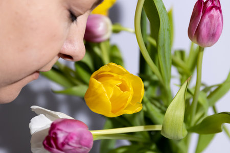 A woman smells colorful tulips in her hands in a room illuminated by sunlight. High quality photoの写真素材