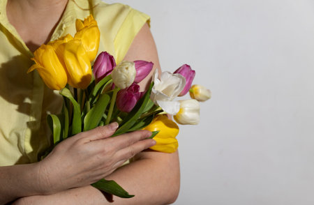 Multi-colored tulips in the hands of a woman in a room illuminated by sunlight. High quality photo