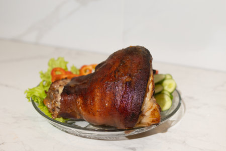 A visually appealing display of roasted meat with fresh, vibrant vegetables on a beautiful glass plateの写真素材