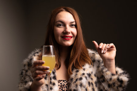 A stylish and fashionable woman smiles brightly while raising a drink, radiating both confidence and immense glamourの写真素材