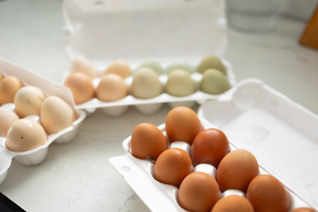 A delightful and colorful exhibition of assorted eggs, showcasing their unique colors and attractive...