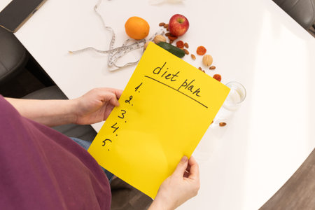 A vibrant meal prep scene features a detailed diet plan on yellow paper with fresh cooking...