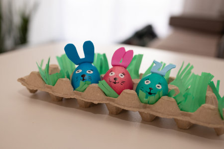 A colorful group of decorated Easter bunny eggs in an egg carton, with lovely grass adding a festive...