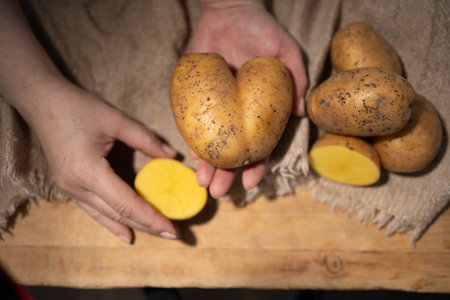 A creative and artistic display featuring uniquely shaped and colorful potatoes arranged on a textured surfaceの写真素材