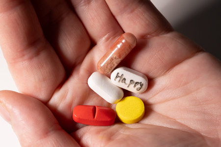 A hand holds an assortment of colorful pills, including one marked Happy, representing themes of...