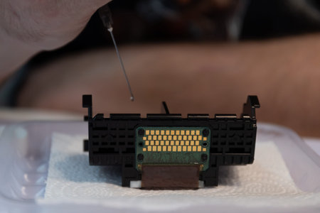 A technician carefully applies a drop of liquid to an electronic component resting on a towel. The...