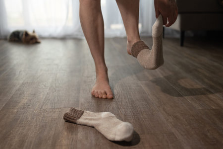 A person is taking off socks, one already discarded on the wood floor. A dog rests nearby. Concept...
