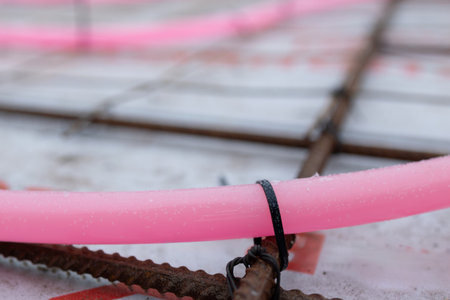Pink tubing for radiant heating is secured with a black tie to rusty rebar laid on a white surface. Construction work is taking place to install heating.の写真素材