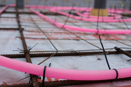 Pink pipes are arranged on a metal rebar grid and secured with black zip ties on a construction site, before concrete is poured for in-floor radiant heating system.の写真素材