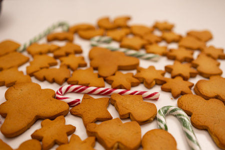 Rows of freshly baked gingerbread cookies shaped like trees and stars lay intertwined with candy...