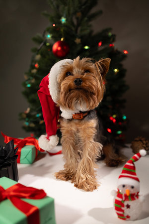 A small Yorkshire Terrier stands on a white surface with a Christmas tree and wrapped gifts behind it. The dog wears a Santa hat and a collar. Festive decorations enhance the holiday atmosphere.の写真素材