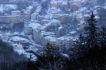 Winter view of Karlovy Vary from the top of the mountainの写真素材