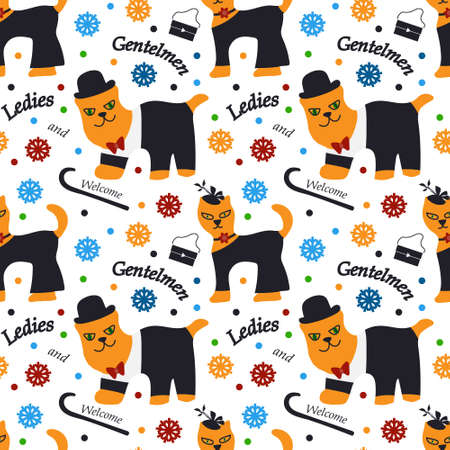 New Year seamless pattern with funny elegant cats costumes and hats. Black, Light gray, Orange, Blue colors. white background. can be used for textiles, paper, wrapping,のイラスト素材