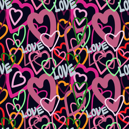 Seamless graffiti-style pattern with the word "Love" and hearts. Valentine's day. Pink, green, blue, orange. Black background. For textile and paper design.のイラスト素材
