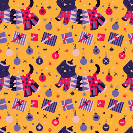 Hand Drawn Seamless pattern with Funny cats, Christmas balls and snowflakes. Purple, pink, lilac color on orange background. For New Year decorative paper, wrapping, Textile.のイラスト素材
