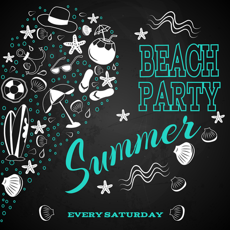 beach party on chalk board. white symbols and blue letters in marine style. composition in the form of half a heartのイラスト素材