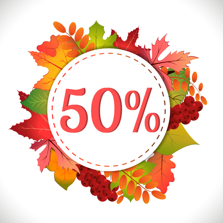 Sale. Discount fifty percent. Autumn typographical background with autumn leaves. Fall leaf. Vector illustrationのイラスト素材