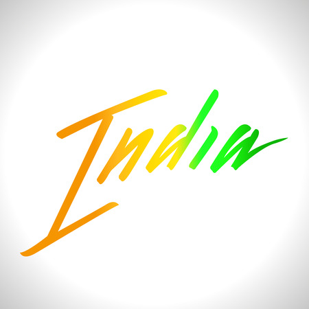 Vector illustration for the India Independence Day. Greeting card for celebration of India Independence Day in form of lettering word India in yellow green white National Indian Flag colorsのイラスト素材
