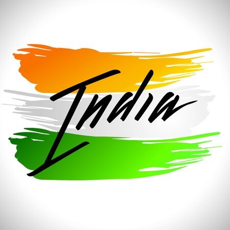 Vector illustration for the India Independence Day. Greeting card for celebration of India Independence Day with yellow green white National Indian Flag on a background with lettering India in blackのイラスト素材