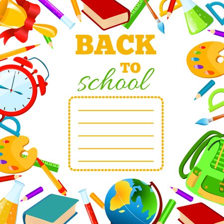 Back To School cover for children teenagers school exercise book. Vector set Illustration.Back to School phrase with colorful school items and supplies around it. Education and web design concept.のイラスト素材