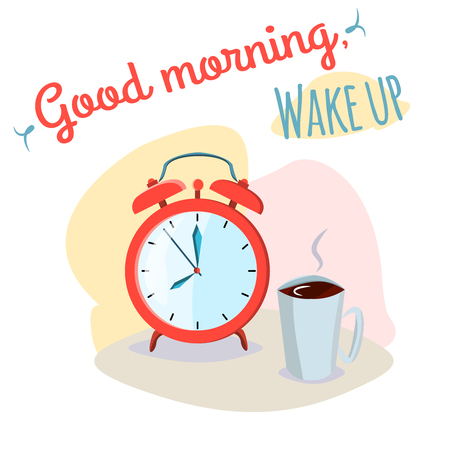 Good morning wake up positive mood phrase with alarm clock and cup of hot coffee on soft colorful background. Good morning wake up inscription for a goodday spirit.Vector illustration designのイラスト素材