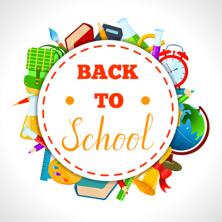 Back To School round composition banner.Vector Flat Illustration. Back to School lettering phrase on oldschool badge with colorful school items and supplies around it.Education and web design Concept.の写真素材