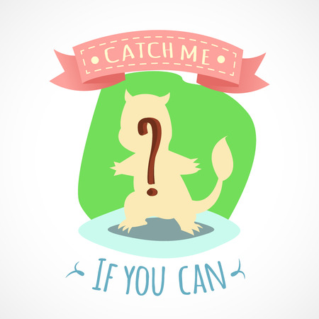 Cute unknown animal monster from mobile global world wide game on a soft blue and green background with slogan Catch me if you can around it.illustration.Game style design.のイラスト素材