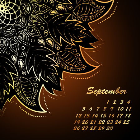 Calendar for september for the year 2016. Brown and gold color. Calendar with oriental lace pattern. Lace mandala ornament. Bright. Glowing style.のイラスト素材
