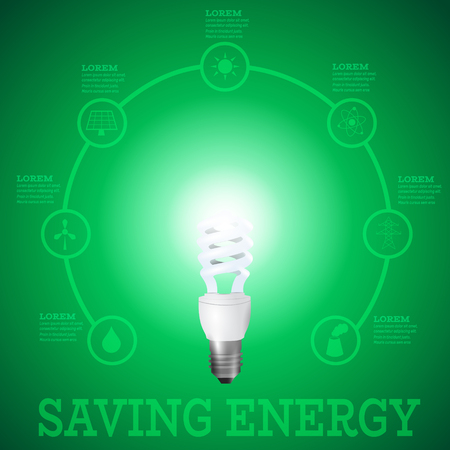 Luminous bulb on green Luminous background surrounded with energy resourcesのイラスト素材