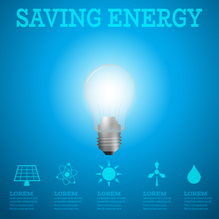 Renewable energy infographic.Luminous bulb on blue Luminous background with Alternative energy resourcesのイラスト素材