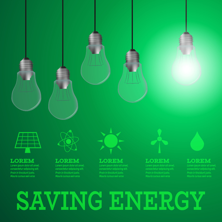 Renewable energy infographic.Lightbulbs on wires with Alternative energy resourcesのイラスト素材