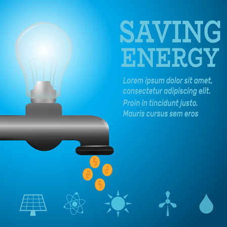 Ecology infographic.Luminous bulb on kitchen bathroom faucet on blue luminous background with Alternative energy resourceのイラスト素材
