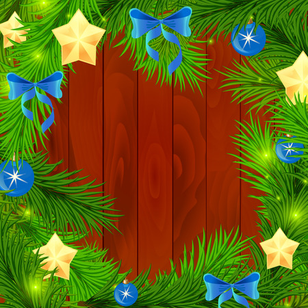 New Year Firtree needles branches with Xmas shining stars balls and festive newyear bows on ligneous background.NewYear shining decorations on ligneous texture. New year and christmas wish postcardのイラスト素材