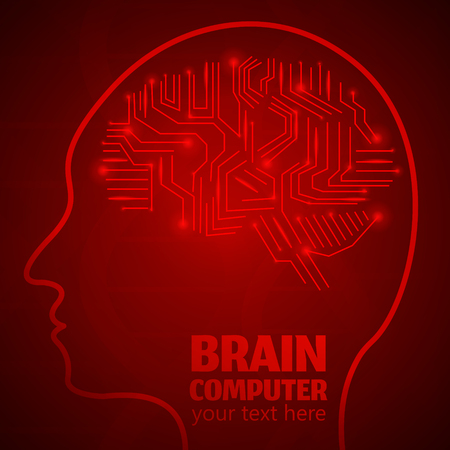 Human Brain Logo,Neurology Anatomical Conception.Silicon chips w synapses in shape of Cerebrum Cerebellum w text Brain computer on red luminous background.Brain Thought lights shines as Brain worksのイラスト素材