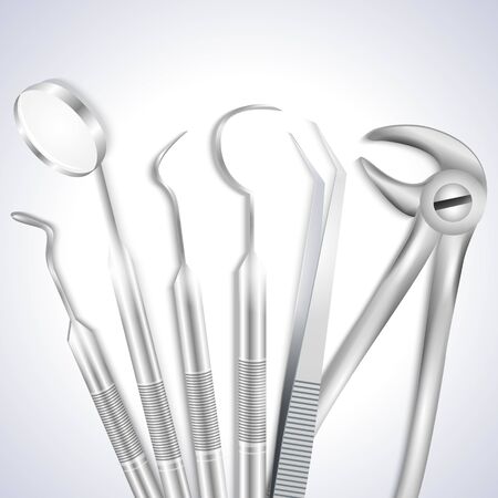 Teeth dental medical equipment steel tools set realistic vector illustration.Dental explorer,Dental probe,Mouth mirror,Dental forceps,Medical Tweezers,Dental Pick-3d realistic set for medical brochure.のイラスト素材