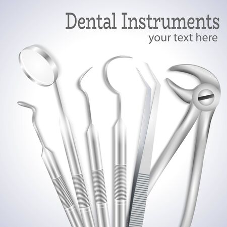 Teeth dental medical equipment steel tools set realistic vector illustration.Dental explorer,Dental probe,Mouth mirror,Dental forceps,Medical Tweezers,Dental Pick-3d realistic set for medical brochure.のイラスト素材