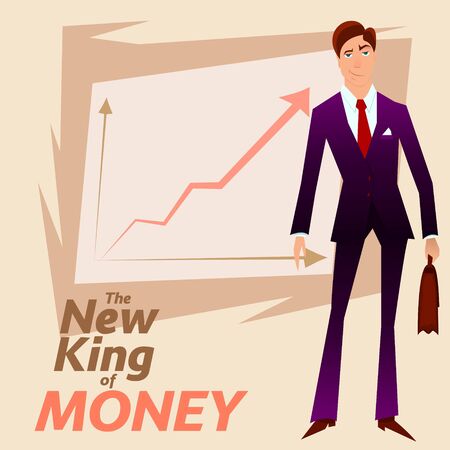 New King of Money.Successful White Colar Character on Income Growth graph background.Rich Merchant Person in Blue Formal Suit.Successful Clerk Character Stocks Broker on Income Growth Chart Plan.のイラスト素材