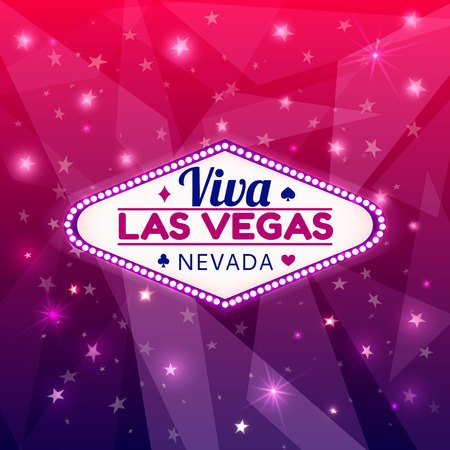 Las Vegas Casino Sign.Casino Neon Billboard Viva Las Vegas Nevada with Diamonds suit,Hearts suit,Spades symbol,Crest symbol in Frame of Light Bulbs on Neon Purple Shining Rays,Neon Stars Backgroundのイラスト素材