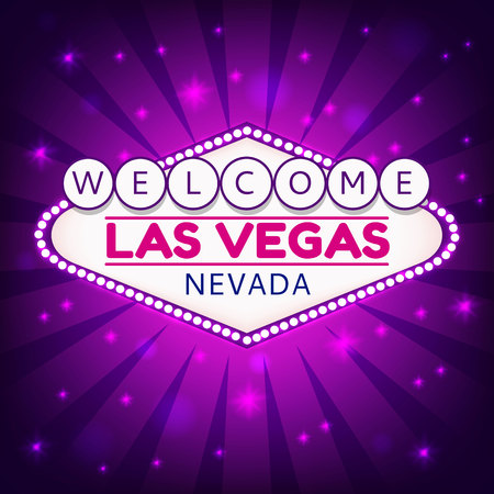 Las Vegas Casino Sign.Casino Neon Billboard Welcome Las Vegas Nevada in Frame of Light Bulbs on Neon Purple Shining Rays,Neon Stars Shining Purple Background.Design Conception for Gambling Place.のイラスト素材