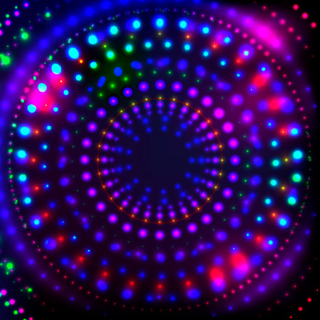 Shining Neon Disco Background for Disco Banner.Neon Shining Dots,Colorful Neon Flares in form of circle.Colorful Abstract Cyber Background with Neon glowing Points,Shining Flares,Disco Night Concept.のイラスト素材