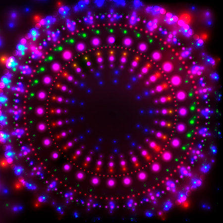 Shining Neon Disco Background for Disco Banner.Neon Round Tunnel of Neon Shining Dots,Colorful Flares.Colorful Abstract Cyber Background with Neon glowing Points,Shining Flares,Disco Night Concept.のイラスト素材