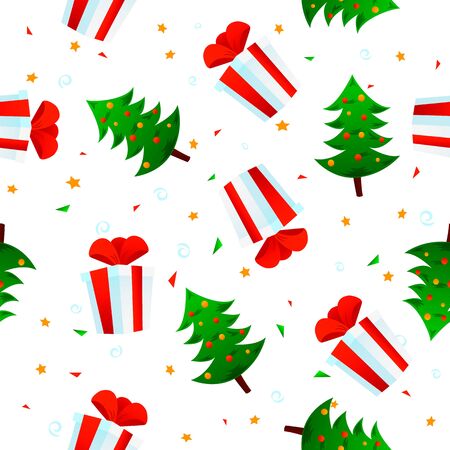 A seamless pattern postcard with cute cartoon xmas tree and red gift boxes on white background with stars.のイラスト素材
