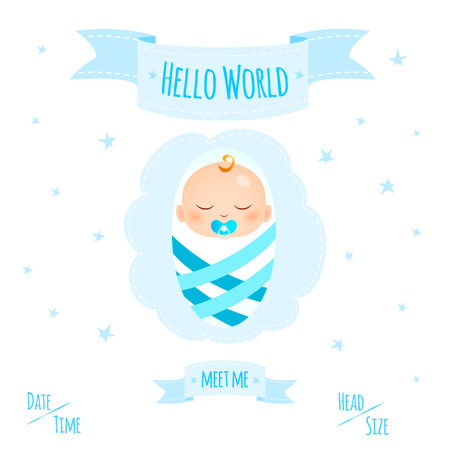 New child born baby newborn greeting card with girl kid in diapers, words Hello World,Meet Me on blue heart backgroundのイラスト素材