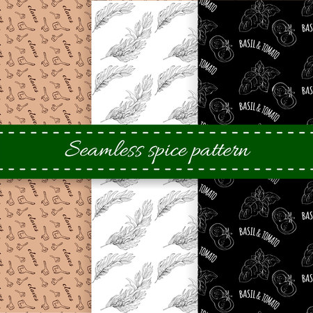 Seamless craft wrapping paper pattern texture design vector illustration set with spices icons - basil,tomato,cloves,rosemaryのイラスト素材