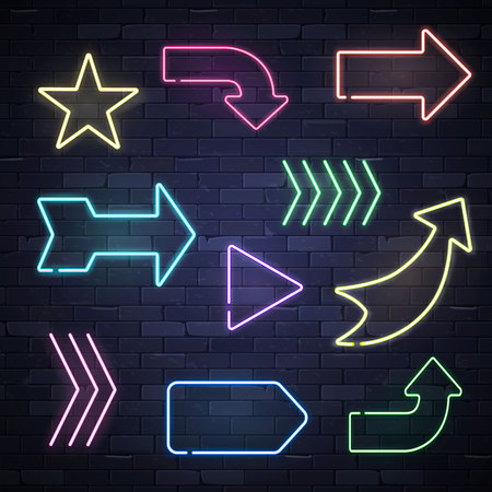 Set of neon frame star arrows pointers signs light electric banners glowing on black brick wall background, vector illustrationのイラスト素材